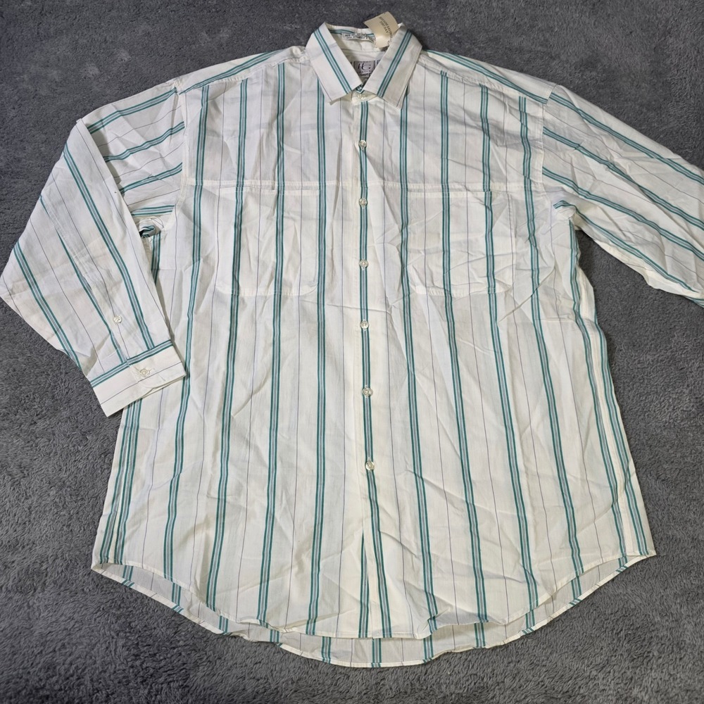 Henry Grethel Mens 16 32/33 Button Down Shirt White Teal Stripe Vintage 90s Cott